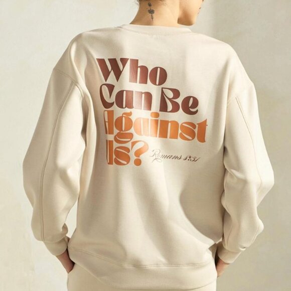 NWT Women’s “If God Is For Us” Scuba Pullover Sweatshirt in Oat Christian Faith - Picture 2 of 2